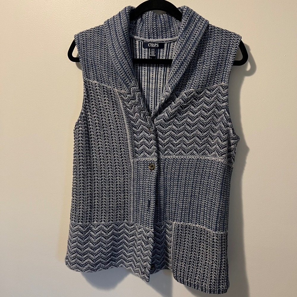 Chaps Denim Womens Blue White Patchwork Knit Sweater Vest Shawl Collar Large